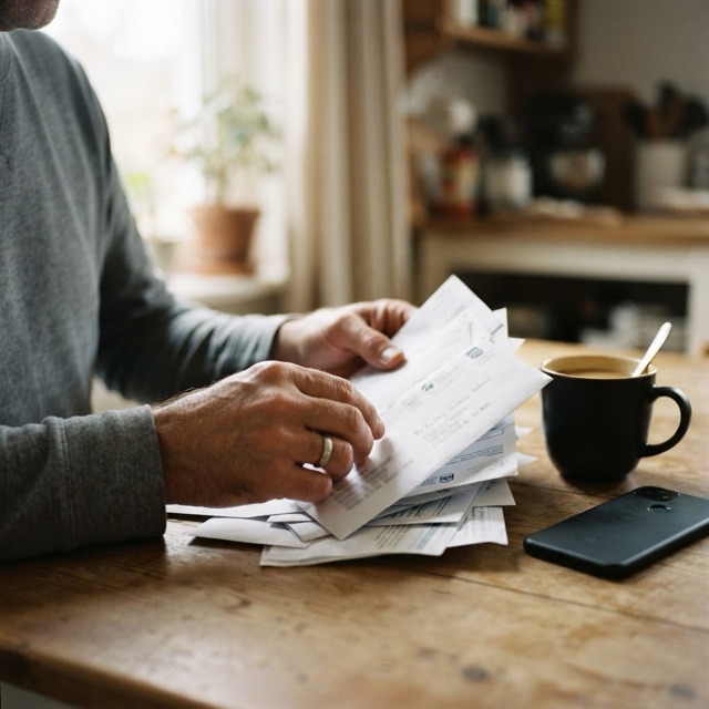 Hands sorting medical bills at a kitchen table next to a phone and a mug