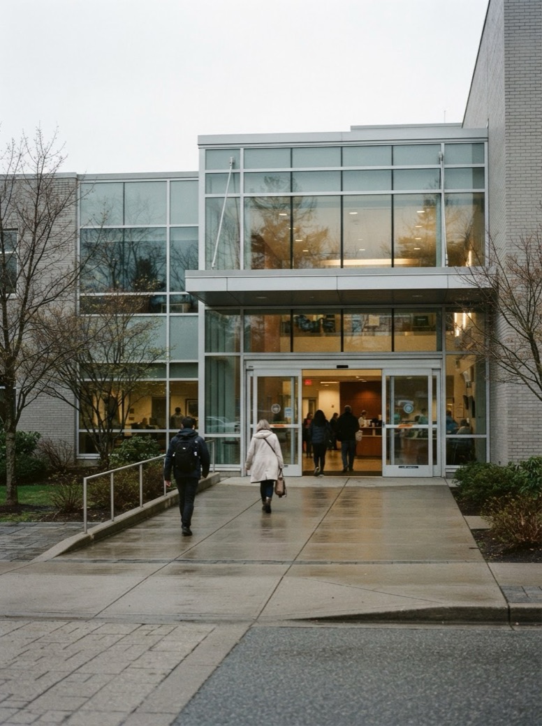 The glass entrance of a community hospital with people walking in