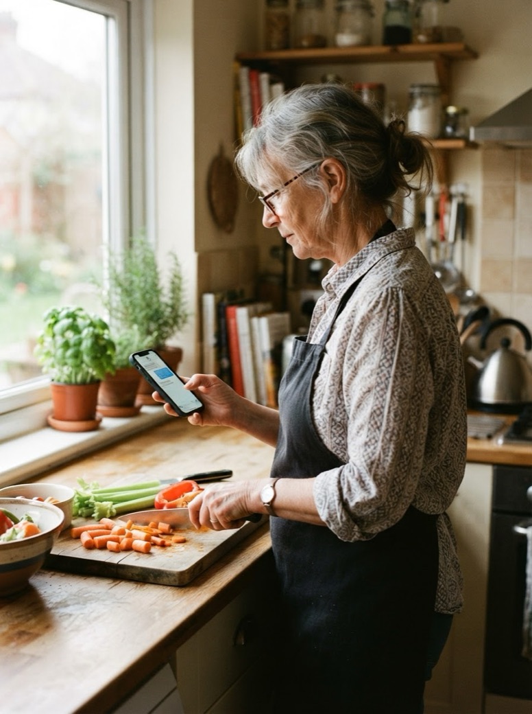 An older adult checks a text message while cooking in a sunlit kitchen