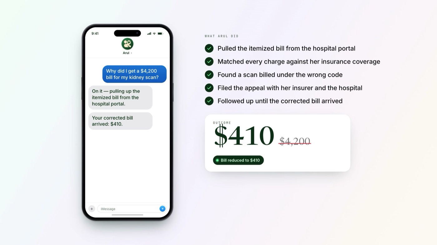 An iMessage conversation with Arul next to a list of the steps Arul took to reduce a hospital bill from $4,200 to $410