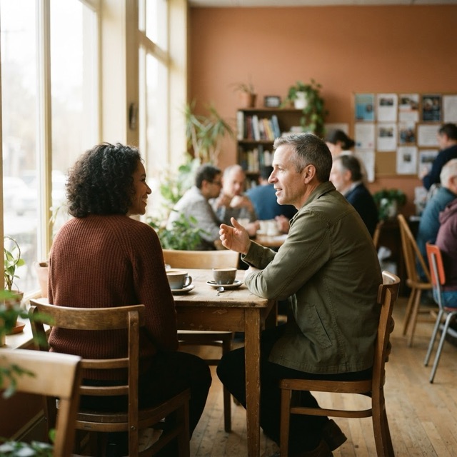 Two adults talk over coffee at a community center table